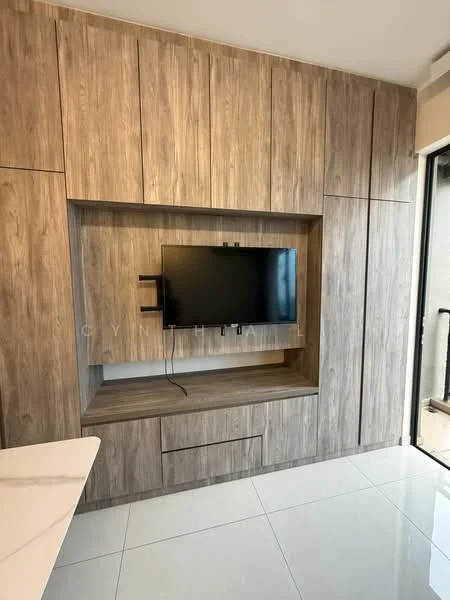 Living features: built-in wooden cabinetry, light wood finish, wall-mounted TV, white glossy tile flooring, large glass sliding door, natural light from outside, minimalist design, open layout; style: modern.