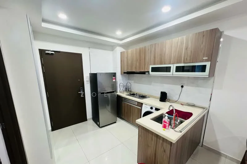 Kitchen features: stainless-steel fridge, built-in oven, 4-burner gas hob, single-bowl stainless-steel sink, chrome pull-down faucet, white laminate countertop, wood cabinetry with a natural finish, white tiled backsplash, washing machine, recessed downlights, white porcelain tile flooring, door leading to hallway; style: modern.