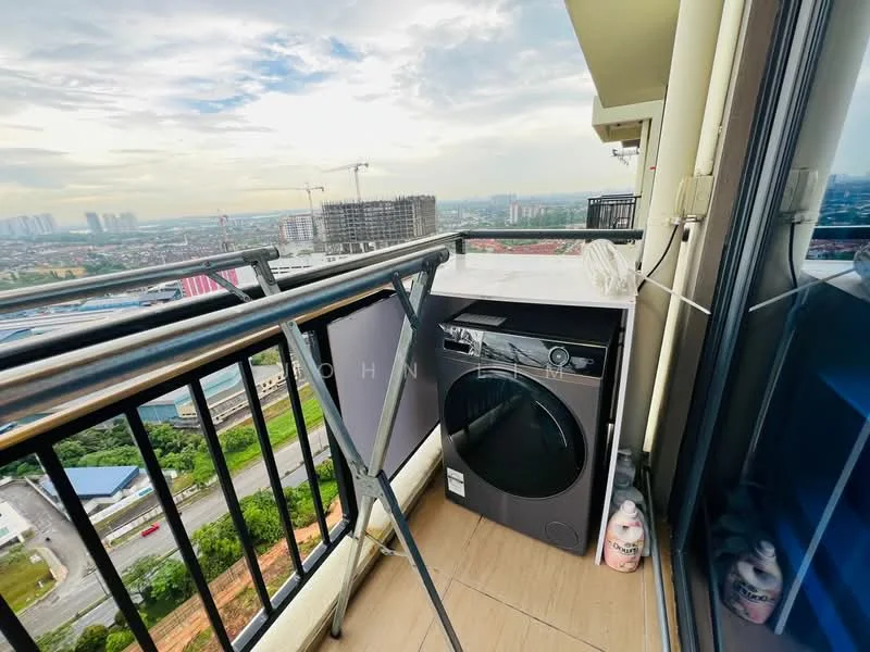 Balcony features: washing machine, white countertop, metal railing, floor-to-ceiling windows, city view, ceramic tile flooring, outdoor space, clothes drying rack; style: modern; view: city.