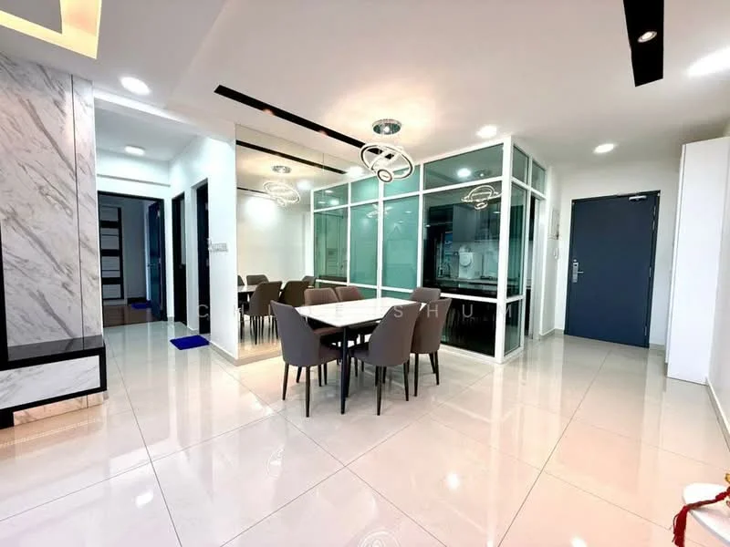 Dining features: marble accent wall, white painted walls, recessed ceiling lights, modern pendant lighting, rectangular dining table, upholstered dining chairs, glossy tile flooring, glass partition, open layout to kitchen, floor-to-ceiling windows; style: modern. Kitchen features: white cabinetry, stainless-steel appliances, granite countertop, built-in oven, freestanding range oven, double-bowl stainless-steel sink, chrome pull-down faucet, tile backsplash, open layout to dining area; style: modern. Hallway features: white painted walls, glossy tile flooring, recessed ceiling lights; style: modern.