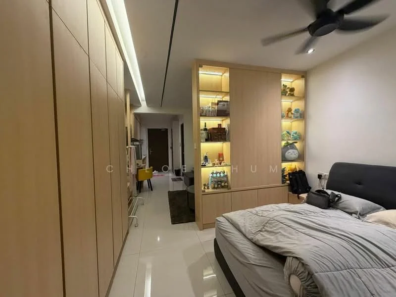 Bedroom features: king-size bed, upholstered headboard, built-in wardrobe with wooden finish, glass display shelves with lighting, white walls, recessed ceiling lights, ceiling fan, polished tile flooring, decorative items on shelves, nightstand, area rug; style: modern.