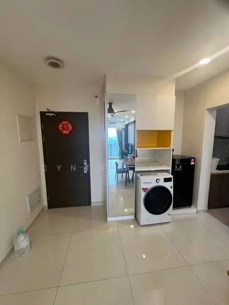 Room features: white painted walls, tile flooring, ceiling fan, mirror cabinet, washing machine, black fridge, dining area visible in background, door with security lock, light fixtures, open layout; style: modern; view: city.