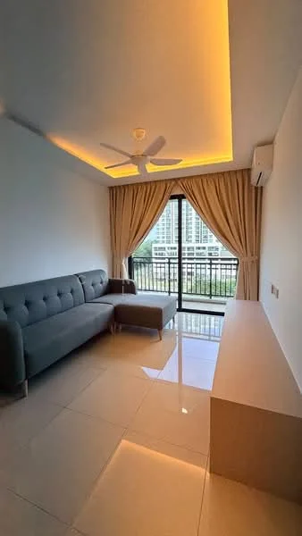 Living features: 3-seater fabric sofa in grey, ceiling fan, recessed LED downlights, floor-to-ceiling windows, curtains, glossy tile flooring, wall-mounted air conditioning unit, TV console, decorative wall with indirect lighting; style: modern; view: city.