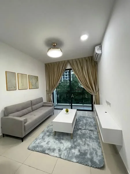 Living features: grey fabric 3-seater sofa, white coffee table, light grey area rug, white wall-mounted TV console, floor-to-ceiling windows, sheer curtains, recessed ceiling lights, wall-mounted split AC; style: modern; view: garden.