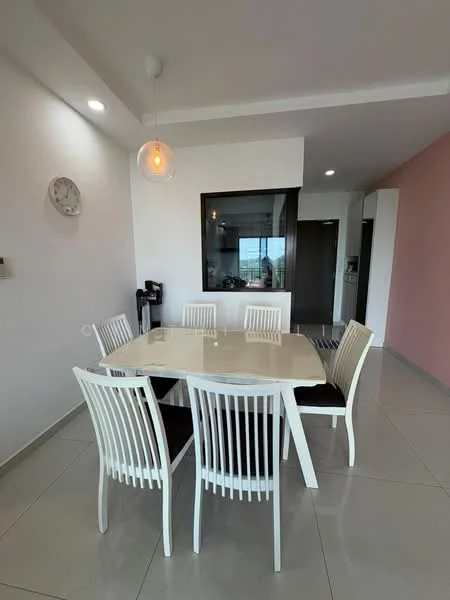 Dining features: 6-seater dining table with white surface, white wooden dining chairs, pendant light fixture, wall clock, large window with view, grey tiled flooring, white painted walls, open layout to kitchen; style: modern; view: city.