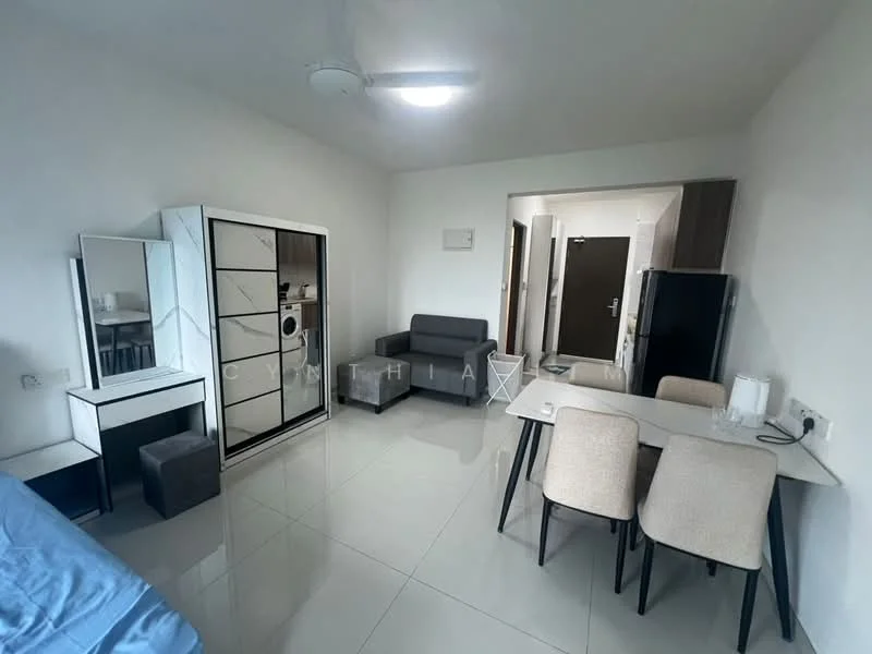 Living features: grey fabric sofa, 2-seater sofa, white dining table, 4 dining chairs, black fridge, white cabinet with sliding doors, mirror on vanity, ceiling fan, white tiled flooring, plain white walls, door to hallway; style: modern.