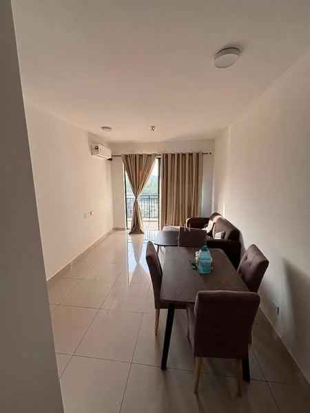 Living features: cream painted walls, glossy tile flooring, 5-blade ceiling fan, floor-to-ceiling windows, sheer curtains, 2-seater fabric sofa in beige, wood dining table, 4 upholstered dining chairs, air conditioning unit, decorative vase on table; style: modern; view: city.