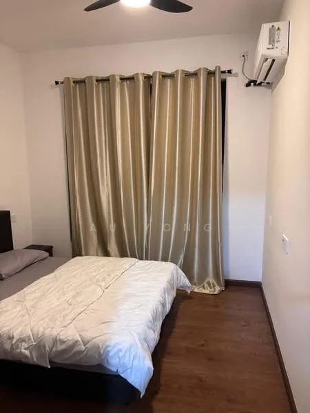 Bedroom features: queen-size bed with white bedding, wooden flooring, cream curtains, wall-mounted split AC, ceiling fan, light-colored walls, nightstand, window with view; style: modern.