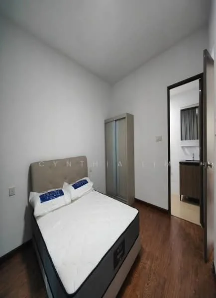 Bedroom features: queen-size bed with upholstered headboard, wooden flooring, white painted walls, built-in wardrobe, window with curtain, door leading to bathroom, decorative wall art, nightstand; style: modern.