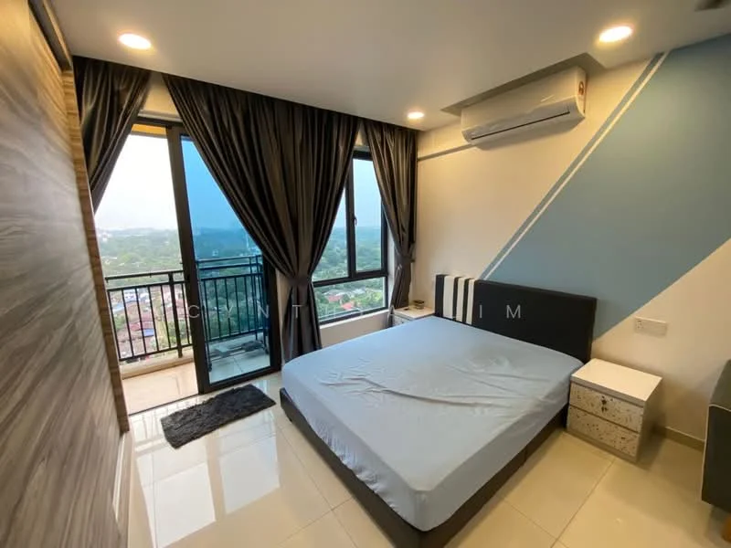 Bedroom features: king-size bed, upholstered headboard, nightstand with drawer, floor-to-ceiling windows, sliding glass door, sheer curtains, dark curtains, air conditioning unit, tile flooring, decorative wall with blue accent, area rug; style: modern; view: city.