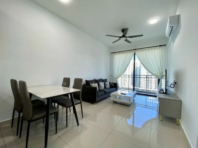 Living features: grey fabric sofa, 3-seater sofa, glass coffee table, white dining table, 4 dining chairs, floor-to-ceiling windows, sheer curtains, recessed downlights, wall-mounted TV, air conditioning unit, glossy tile flooring, ceiling fan; style: modern; view: city.