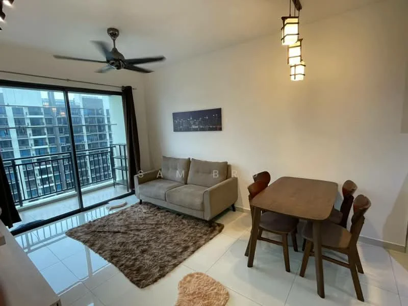 Living features: 3-seater fabric sofa in grey, area rug with geometric pattern, wooden dining table for 4, 4 dining chairs, floor-to-ceiling sliding glass door, city view from balcony, ceiling fan with light, wall-mounted artwork, white painted walls, glossy tile flooring; style: modern; view: city.
