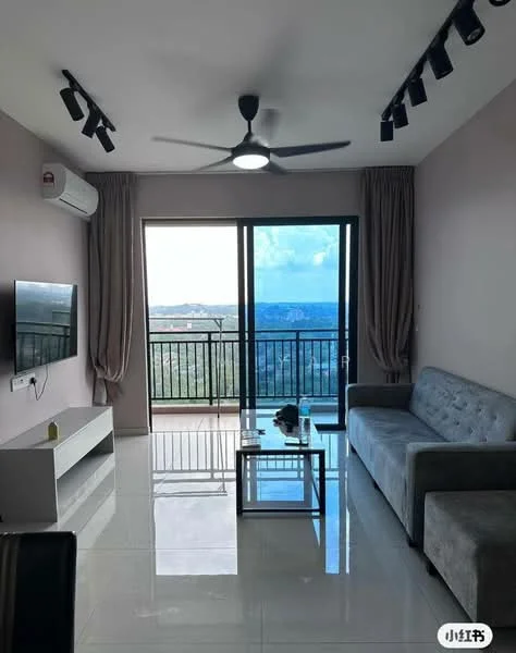 Living features: grey fabric sofa, glass coffee table, wall-mounted TV, white TV console, 5-blade ceiling fan with light, floor-to-ceiling sliding glass door, curtains, air conditioning unit, glossy tile flooring, neutral painted walls, track lighting; style: modern; view: city.