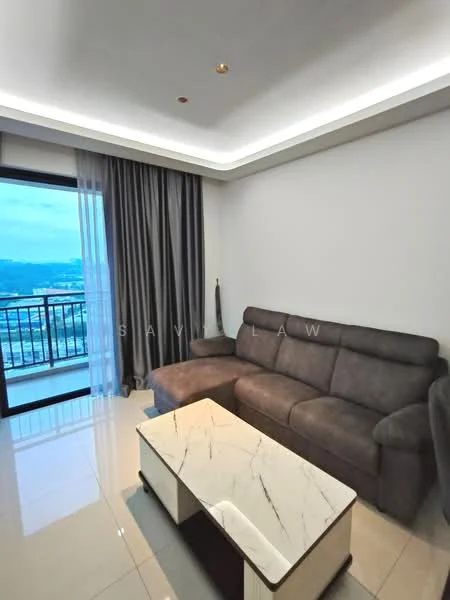 Living features: grey fabric sectional sofa, marble-top coffee table, floor-to-ceiling windows, sliding glass door, sheer curtains, recessed downlights, white painted walls, glossy tile flooring; style: modern; view: city.