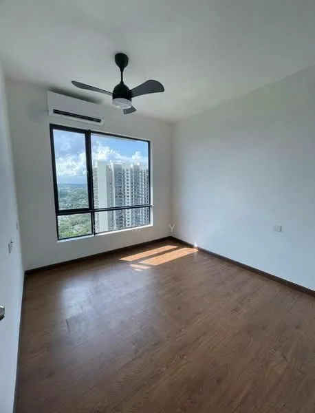 Bedroom features: wooden flooring, white painted walls, floor-to-ceiling window, black ceiling fan, city view, air conditioning unit; style: modern; view: city.