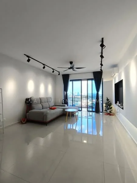 Living features: grey L-shape sectional sofa, coffee table, floor-to-ceiling windows, sliding glass door, blackout curtains, 5-blade ceiling fan with light, recessed LED downlights, white painted walls, polished tile flooring, decorative Christmas tree, TV console, wall-mounted TV; style: modern; view: city.