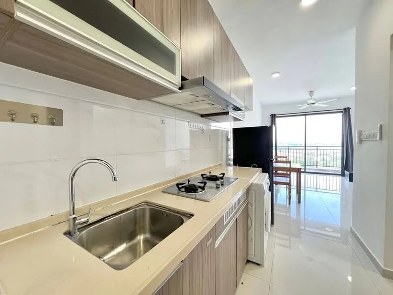 Kitchen features: single-bowl stainless-steel sink, chrome pull-down faucet, 2-burner gas hob, white quartz countertop, wood cabinetry in light brown, white tiled backsplash, built-in oven, recessed downlights, floor-to-ceiling windows, sliding glass door, open layout, white ceramic tile flooring, ceiling fan; style: modern; view: city.