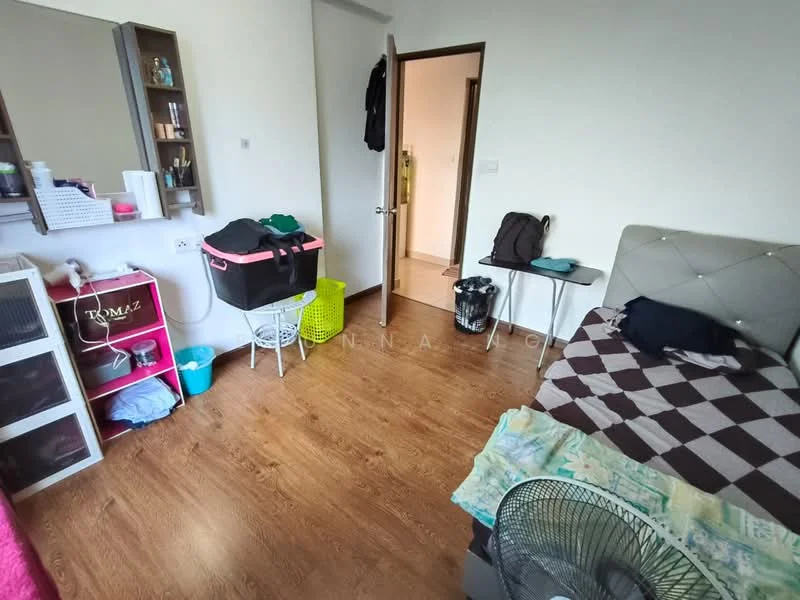 Bedroom features: wooden flooring, white painted walls, queen-size bed with upholstered headboard, bedside table, mirror with shelf, dressing table, ceiling fan, foldable laundry basket, plastic storage bins, checkered bedspread, decorative throw blanket; style: modern.