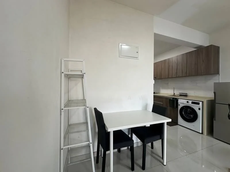 Kitchen features: white painted walls, glossy tile flooring, wood cabinetry in brown, stainless-steel fridge, front-load washing machine, single white dining table, two black dining chairs, wall-mounted air conditioning unit; style: modern.