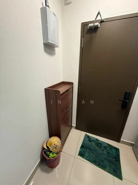 Room features: brown wooden door, white painted walls, cream tiled flooring, small wooden cabinet, green patterned doormat, decorative plant in pot, wall-mounted electrical box; style: modern.