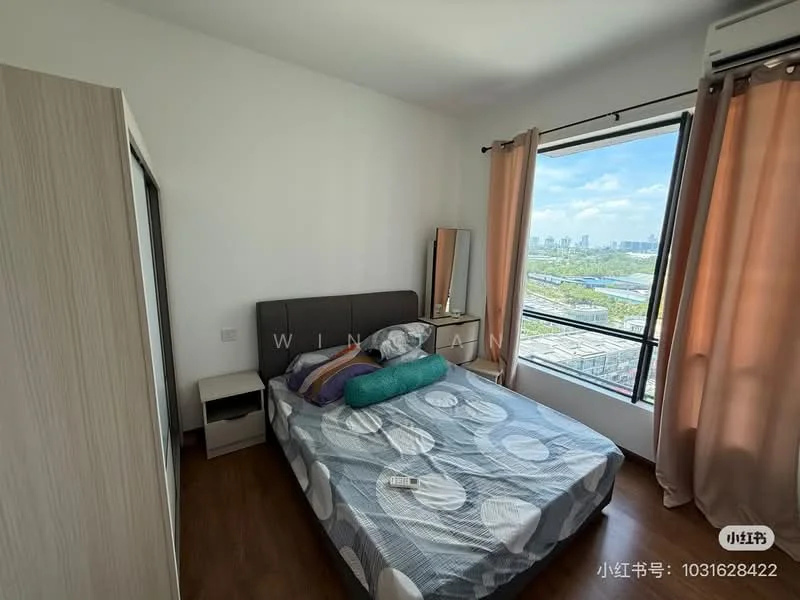 Bedroom features: queen-size bed, upholstered headboard, bedside table, mirror, floor-to-ceiling window, curtains, wall-mounted split AC, wooden flooring; style: modern; view: city.
