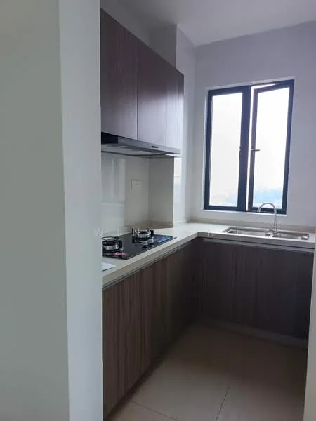 Kitchen features: brown cabinetry, white countertop, stainless-steel sink, chrome pull-down faucet, built-in gas hob, exhaust hood, tile backsplash, window with city view, ceramic tile flooring; style: modern; view: city.