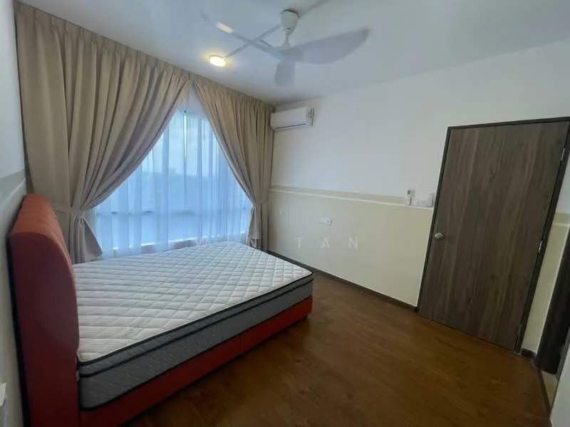 Bedroom features: queen-size bed, upholstered headboard, wooden flooring, floor-to-ceiling windows, sheer curtains, wall-mounted split AC, ceiling fan, light-colored painted walls, wooden door, decorative wall trim; style: modern; view: city.