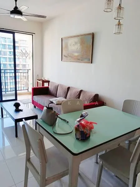 Living features: 3-seater fabric sofa in red, 2-seater fabric sofa in grey, coffee table, dining table with green top, 4 dining chairs, pendant lighting, ceiling fan, floor-to-ceiling windows, white painted walls, glossy tile flooring, decorative artwork on wall; style: modern; view: city.