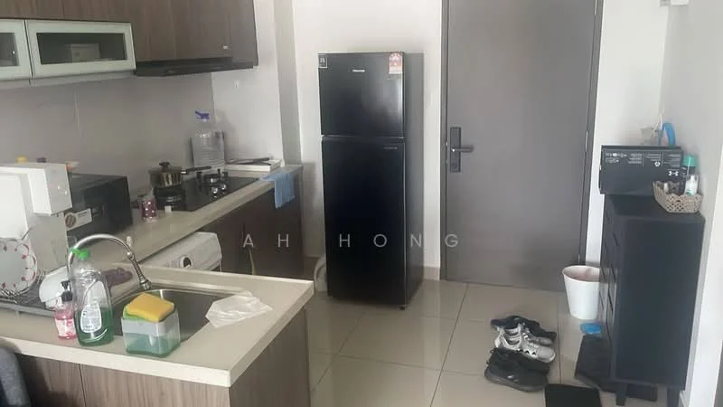 Kitchen features: black fridge, microwave, stainless-steel sink, kitchen cabinets, countertop, gas stove, tile backsplash, floor tiles, door, kitchen utensils, cleaning supplies, shoes on the floor; style: modern.