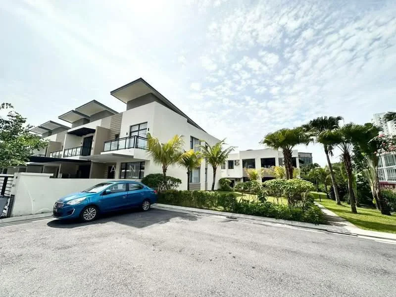 Exterior type: linked terrace house; features: white painted facade, flat roof, 2-storey building, manicured lawn, palm trees, stone-paved walkway, balconies on upper level, driveway with interlocking pavers, surrounded by greenery, car parked in driveway; style: modern.