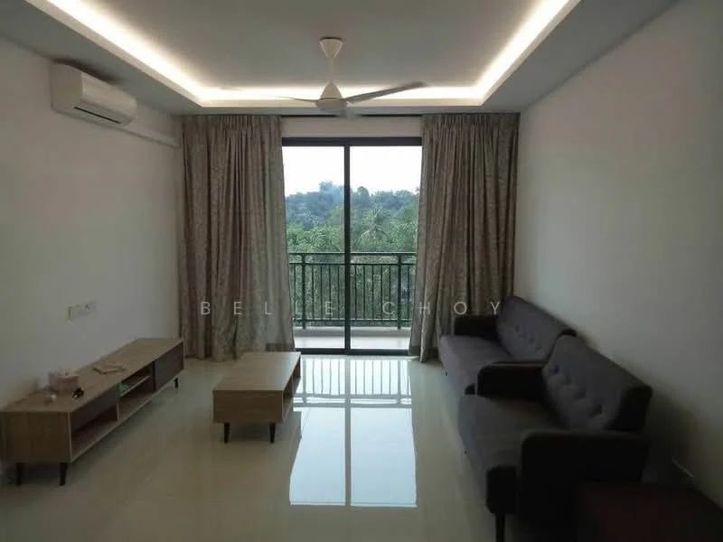 Living features: 5-blade ceiling fan with integrated LED light, floor-to-ceiling sliding glass door, grey fabric 3-seater sofa, wooden coffee table, light-coloured curtains, white painted walls, glossy tile flooring, air conditioning unit; style: modern; view: garden.