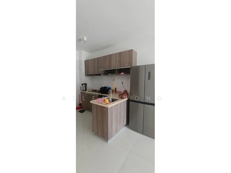 Kitchen features: laminate cabinetry in wood finish, stainless-steel fridge, black countertop, single-bowl stainless-steel sink, chrome pull-down faucet, built-in stove, wall-mounted kitchen hood, ceramic tile flooring, white walls, recessed downlights; style: modern.