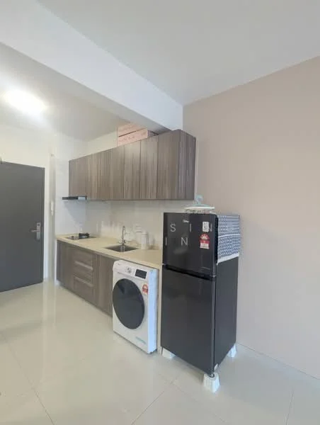 Kitchen features: laminate cabinetry in wood finish, light-colored countertop, single-bowl stainless-steel sink, chrome pull-down faucet, built-in washing machine, freestanding fridge in black, ceramic tile flooring, white walls, recessed downlights; style: modern.
