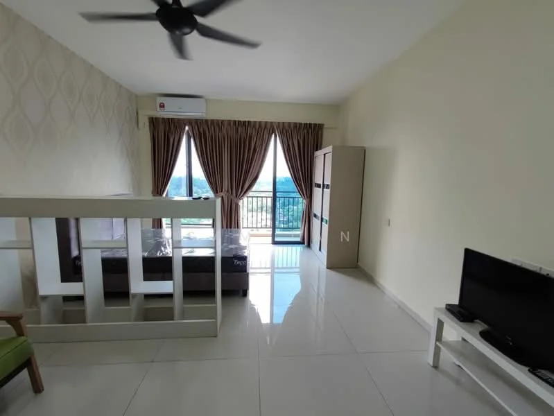Room features: white painted walls, glossy tile flooring, 5-blade ceiling fan, floor-to-ceiling windows, sliding glass door, brown curtains, built-in wardrobe, TV console, wall-mounted TV, green accent chair, mattress on bed frame, balcony view; style: modern; view: city.