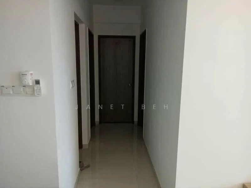 Hallway features: white painted walls, glossy tile flooring, wooden door, light switch, intercom panel, door frame, neutral color scheme, ceiling light fixture; style: modern.