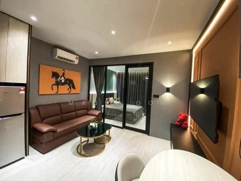 Living features: brown leather sofa, round coffee table with gold base, wall-mounted TV, recessed LED downlights, air conditioning unit, floor-to-ceiling windows, curtains, decorative wall art, wooden flooring; style: modern. Bedroom features: queen-size bed, bedside lamps, blackout curtains, decorative pillows, wall-mounted artwork; style: modern.