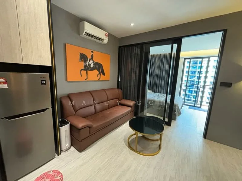 Living features: 3-seater brown leather sofa, glass coffee table with gold frame, wall-mounted split AC, framed artwork with horse motif, light wood flooring, floor-to-ceiling windows, curtains, open layout to bedroom area; style: modern; view: city. Bedroom features: queen-size bed, bedside table, wall-mounted lighting, curtains, light wood flooring, floor-to-ceiling windows; style: modern; view: city.