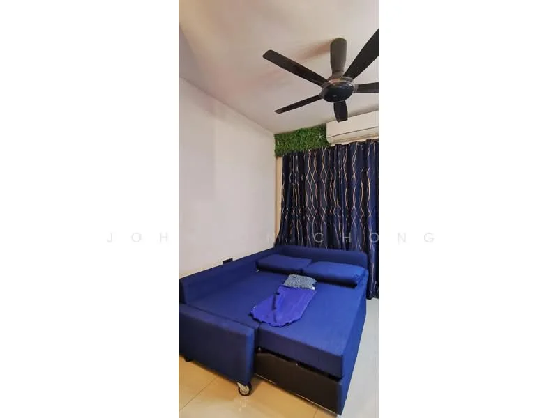 Bedroom features: blue fabric sofa bed, 5-blade ceiling fan, cream painted walls, dark blue curtains with pattern, greenery decor on wall, tile flooring, air conditioning unit; style: modern.