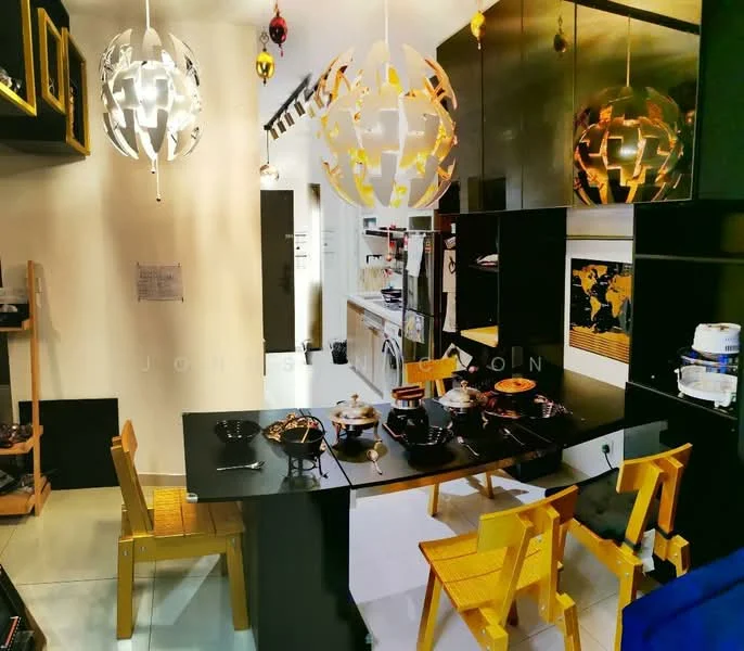 Dining features: black dining table, yellow wooden chairs, pendant lighting fixtures, white walls, grey tile flooring, kitchen area visible in background, open layout, decorative items on table; style: modern.