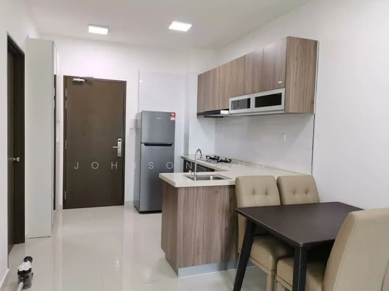 Kitchen features: white painted walls, glossy tile flooring, brown wooden cabinetry, stainless-steel sink, chrome pull-down faucet, built-in oven, stainless-steel fridge, 2-seater dining table, upholstered dining chairs, countertop with backsplash, gas hob, microwave, recessed LED downlights; style: modern.