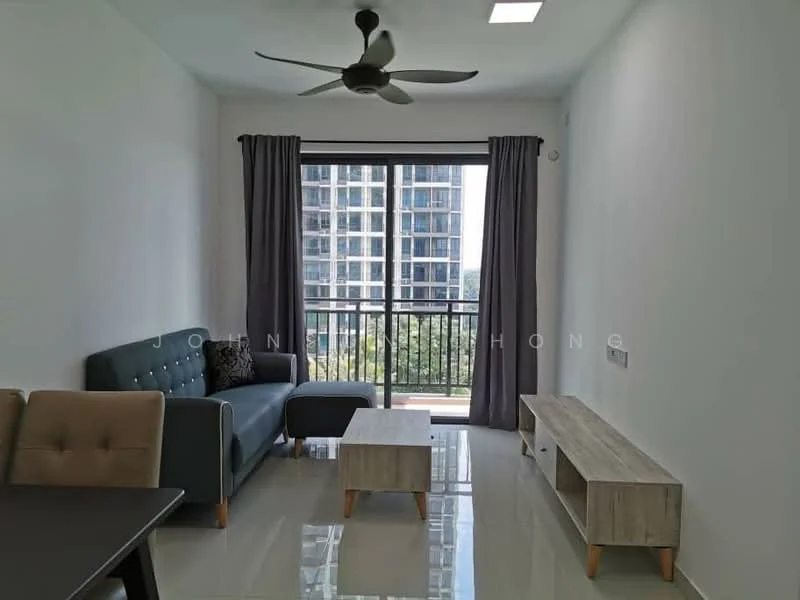Living features: 3-seater fabric sofa in dark green, 2-seater fabric sofa in beige, coffee table with wooden legs, TV console with wooden legs, floor-to-ceiling windows, grey curtains, ceiling fan with light, glossy tile flooring, white painted walls, balcony view; style: modern; view: city.