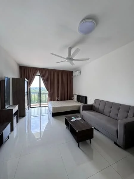 Living features: 3-seater fabric sofa in grey, coffee table, TV console, wall-mounted TV, floor-to-ceiling windows, curtains in brown, white painted walls, polished ceramic tile flooring, ceiling fan with light, air conditioning unit; style: modern; view: city.