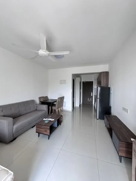 Living features: grey fabric sofa, coffee table, TV console, wall-mounted TV, ceiling fan, white painted walls, tile flooring, refrigerator, dining table with chairs, open layout; style: modern.
