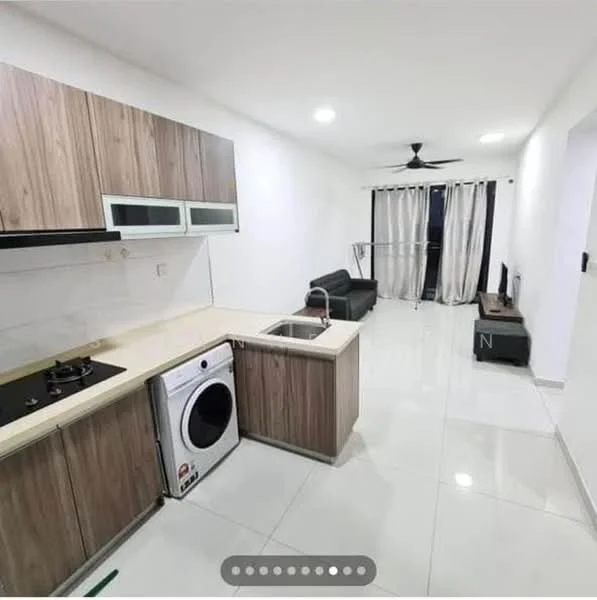 Kitchen features: white quartz countertop, wood cabinetry, stainless-steel sink, chrome pull-down faucet, built-in gas hob, white tiled backsplash, front-load washing machine; style: modern. Living features: 3-seater fabric sofa in grey, ceiling fan, white walls, sliding glass door, curtains, TV console, tile flooring; style: modern.