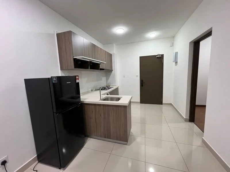 Kitchen features: white painted walls, cream tiled flooring, wood cabinetry, stainless-steel sink, chrome pull-down faucet, built-in gas hob, exhaust hood, black refrigerator, countertop with space for appliances, light fixtures in ceiling; style: modern. Room features: brown door, white walls, light fixtures in ceiling.