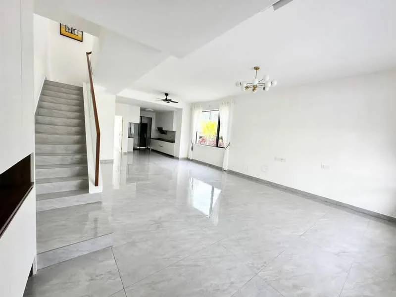 Living features: grey marble tile flooring, white painted walls, ceiling fan with light, large windows with sheer curtains, open layout, staircase with white risers, recessed lighting, wall-mounted TV area; style: modern; view: garden.