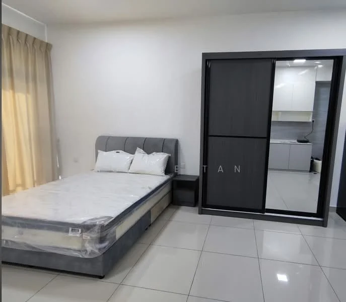 Bedroom features: queen-size bed, upholstered headboard, two bedside tables, built-in wardrobe with sliding doors, grey upholstered bed frame, white bedding, cream curtains, tile flooring, recessed lighting, mirror on wardrobe; style: modern.