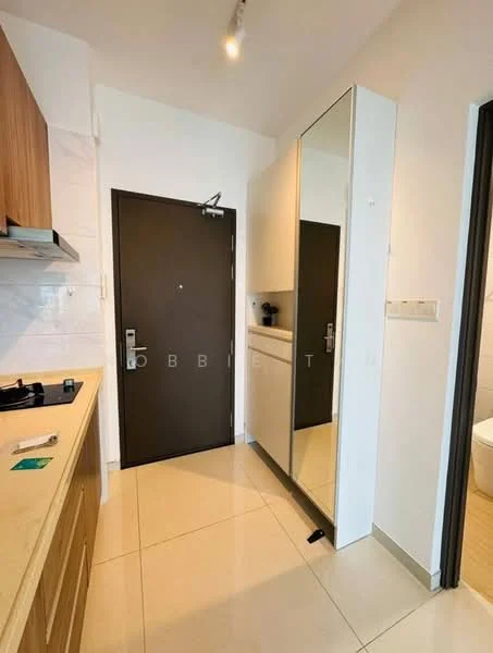 Kitchen features: wood cabinetry, cream countertop, built-in stove, white tiled backsplash, single-bowl stainless-steel sink, chrome pull-down faucet, floor-to-ceiling mirror, tile flooring; style: modern. Hallway features: main entrance door, full-length mirror, light fixture, tile flooring; style: modern.