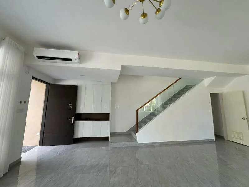 Living features: marble tile flooring, white painted walls, 5-blade ceiling fan with light, wall-mounted split AC, staircase with glass railing, large windows with sheer curtains, built-in cabinetry, door leading outside; style: modern.