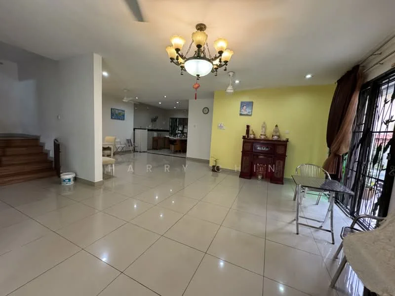 Living features: white painted walls, cream accent wall, glossy ceramic tile flooring, chandelier with multiple bulbs, 5-blade ceiling fan, large windows with black metal grilles, wooden staircase, decorative wall art, open layout, natural light from windows; style: modern.